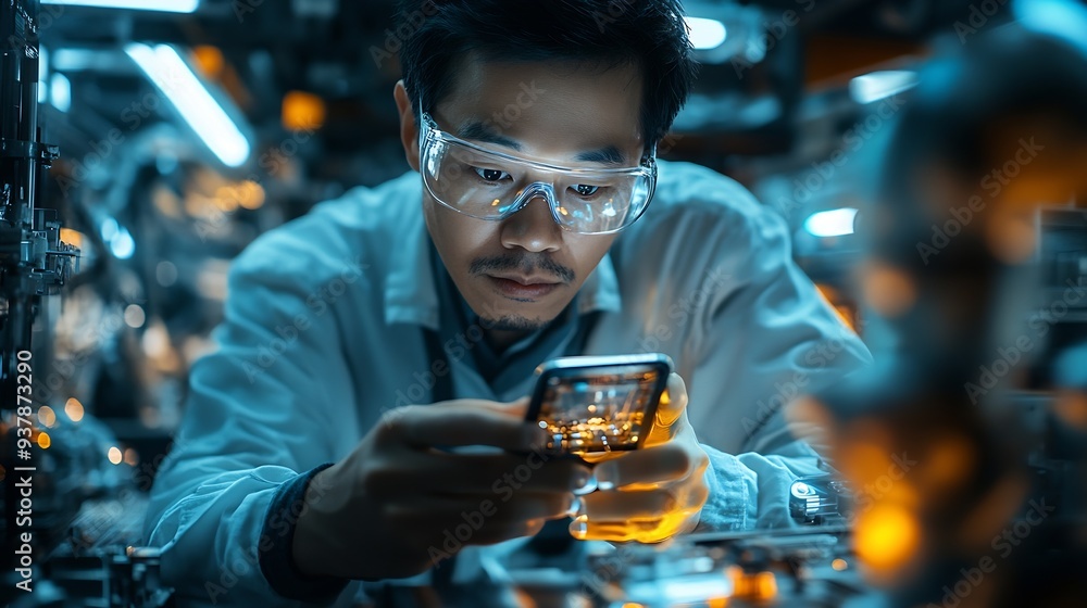 Poster Engineer uses a futuristic transparent smartphone to control robots in a smart factory Smart industry 40 concept : Generative AI