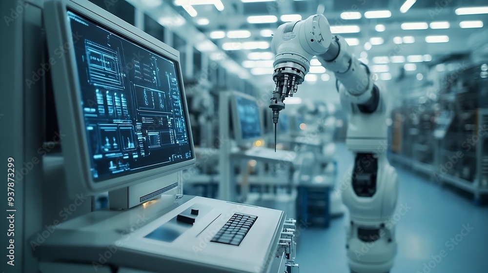 Fototapete computer and digital tablet for control of robots in a smart factory smart industry 40 concept : gen