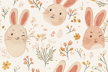 Adorable seamless pattern featuring cute bunny faces winking among delicate floral elements, creating a soft and warm atmosphere perfect for children's designs.