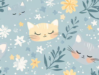 Obraz premium Charming seamless pattern of smiling cat faces among flowers and leaves on a blue background, perfect for children's products and playful designs.