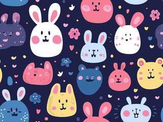 Bright seamless pattern with colorful cartoon animal faces on a dark background, featuring bunnies, bears, and flowers, perfect for playful and fun designs.