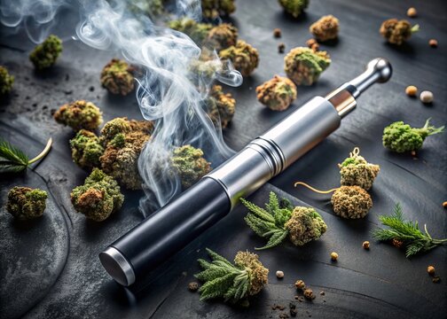 Close-up of sleek, modern vaporizer pen surrounded by scattered marijuana buds and dry herb particles on a dark, minimalist background with subtle smoke effects.