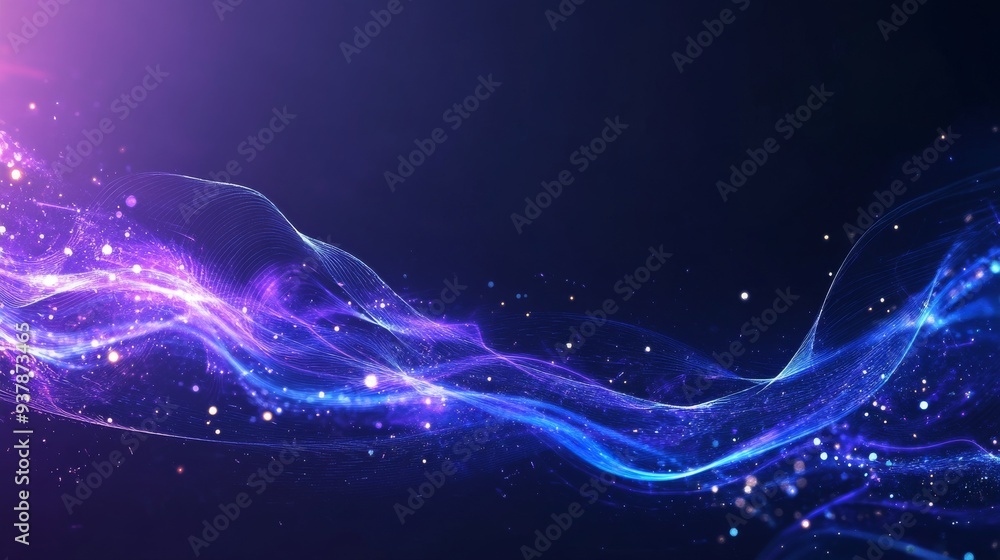 Aufkleber futuristic technology background with dynamic waveforms and particle effects in blue and purple tone
