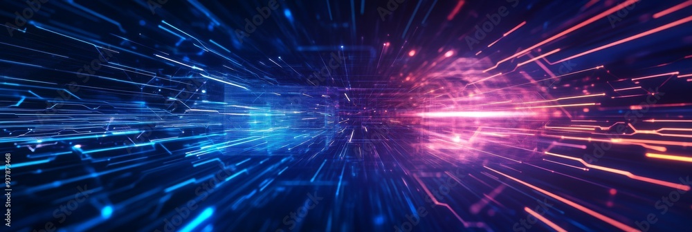 Poster futuristic ai matrix - dynamic geometric shapes in vibrant blue and purple tones with particle effec