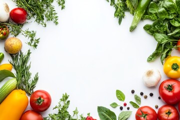 Top view of colorful vegetables and herbs isolated on a white background 