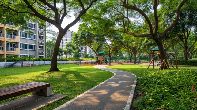 A garden path and playground in a green landscape within an HDB estate in Yishun, Singapore. Shaded by trees, the path and playground invite residents to enjoy a peaceful stroll and gathering
