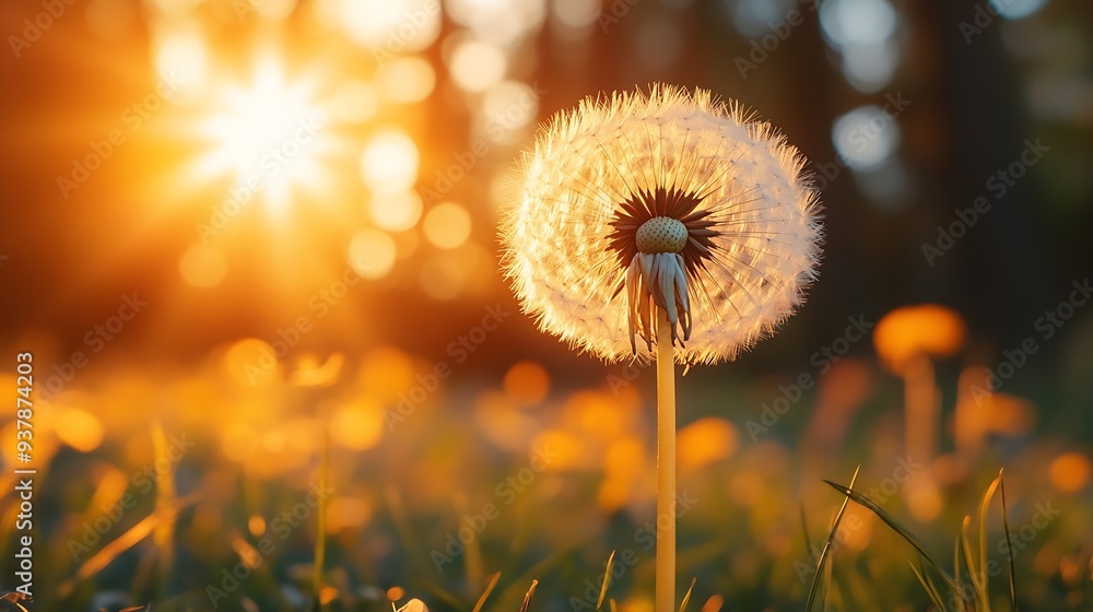 Poster White dandelion in a forest at sunset Macro image shallow depth of field Abstract summer nature background : Generative AI