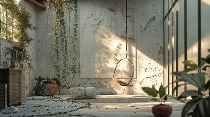 Minimalist Interior Design with Hanging Plants and Sunlight