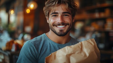 Obraz premium food delivery worker holding a parcel at a local shop, preparing for the next delivery. food delivery services, work and occupations, retail and commerce, customer service