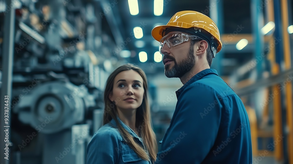 Aufkleber handsome manager train female technician to work in automated production factory industrial engineer