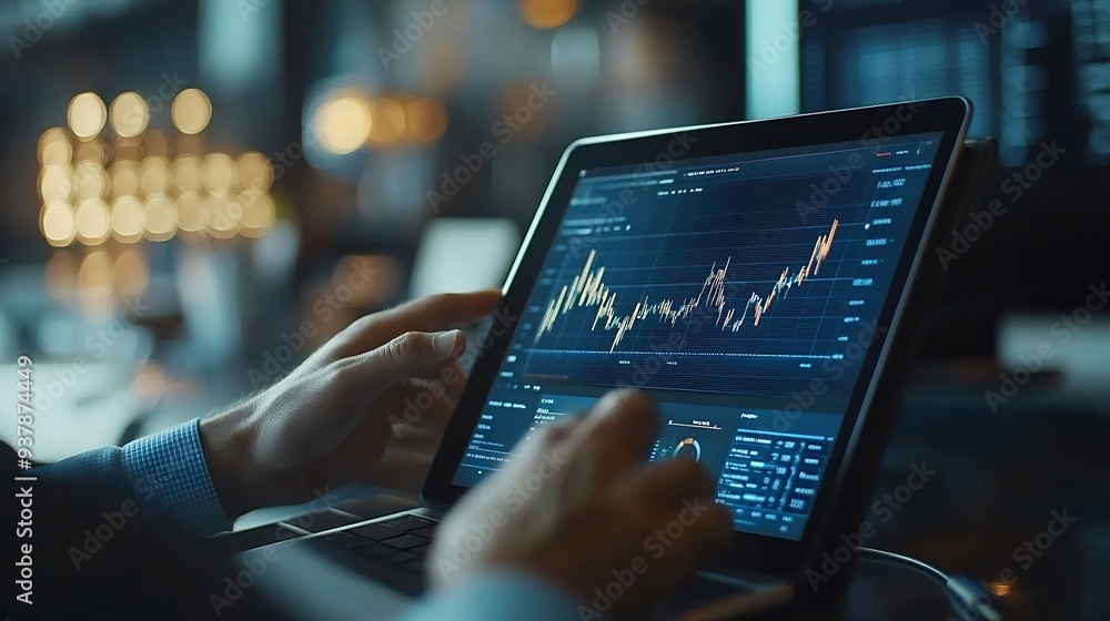 Poster business team using tablet and laptop analyzing sales data economic growth graph chart business plan