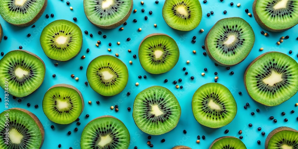 Poster vibrant kiwi slices with tiny black seeds scattered on a bright blue background, creating a refreshi
