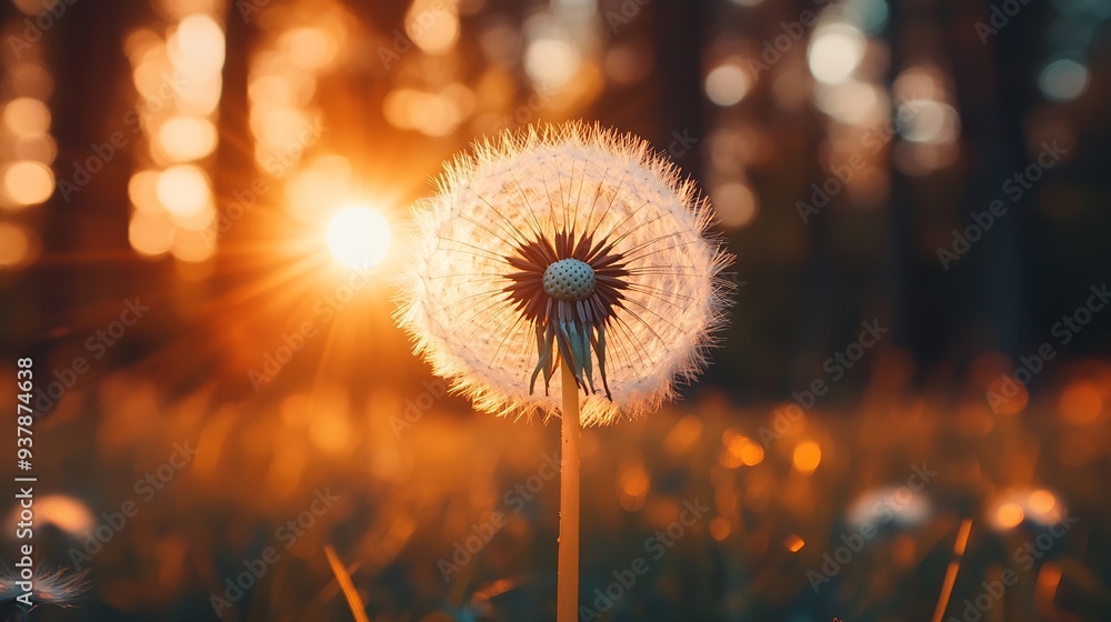 Poster Big white dandelion in a forest at sunset Macro image shallow depth of field Abstract summer nature background : Generative AI