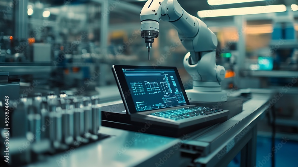 Poster Computer and digital tablet for control of robots in a smart factory Smart industry 40 concept : Generative AI