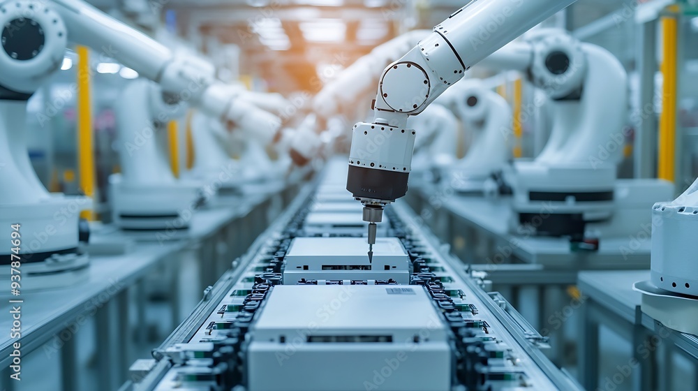 Aufkleber industrial robot arms assemble lithiumion ev battery pack row of white robotic arms at automated pro