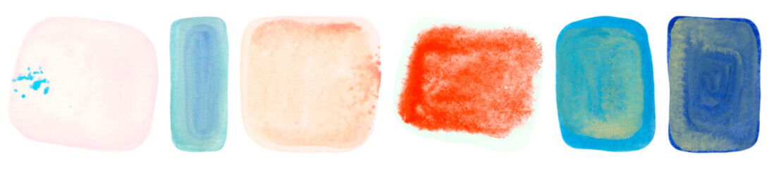 Set of Abstract Colorful Watercolor Geometric Drawing Shapes with Spreading Ink Texture