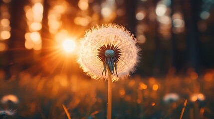 Fototapeta premium Big white dandelion in a forest at sunset Macro image shallow depth of field Abstract summer nature background : Generative AI