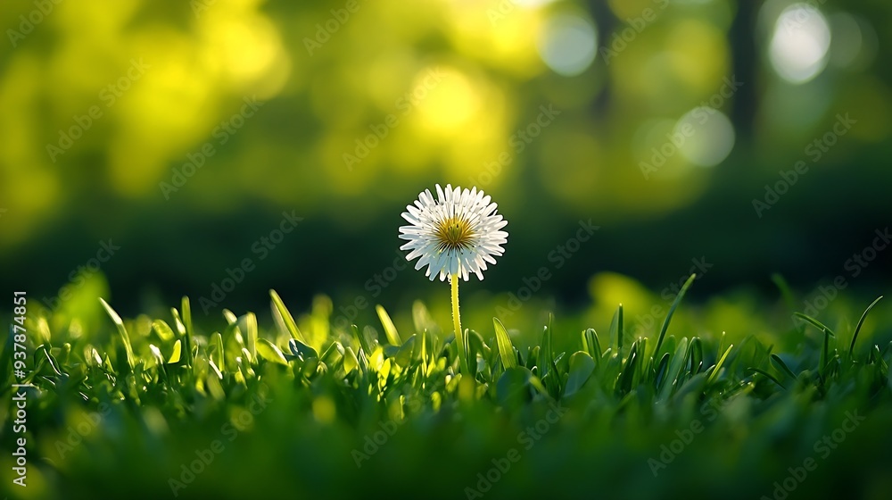Fototapete White dandelion in a green grass on a forest meadow Macro image shallow depth of field Abstract summer nature background : Generative AI