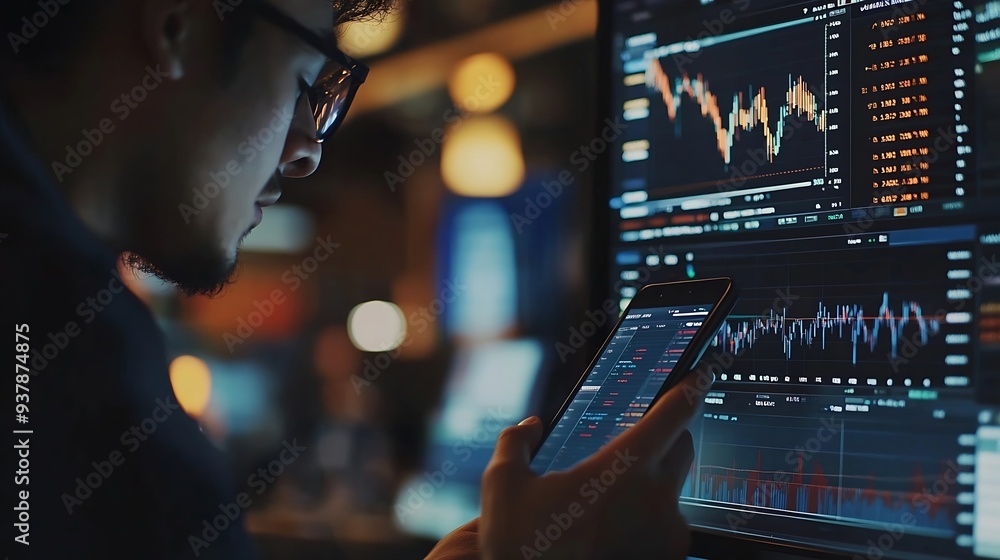 Aufkleber Focusing on phone with discussing dynamic stock market in two business traders online website compare with pc screens in real time currency rate investment on risk data at modern offic : Generative AI