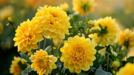 Beautiful yellow garden dahlias in bloom