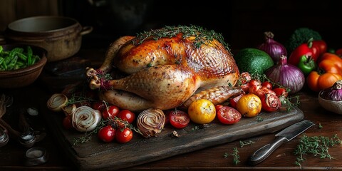 A fresh juicy turkey on the table, surrounded by vegetables and cooking utensils on a wooden background. used for a restaurant menu or a Christmas or Thanksgiving festive dish