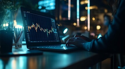 Team laptop and business people in office at night with stock market charts for corporate investment Discussion computer and financial advisors working on company profit report with de : Generative AI