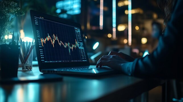 Team laptop and business people in office at night with stock market charts for corporate investment Discussion computer and financial advisors working on company profit report with de : Generative AI