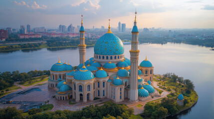 The sultan salahuddin abdul aziz shah mosque standing on a lake at sunset