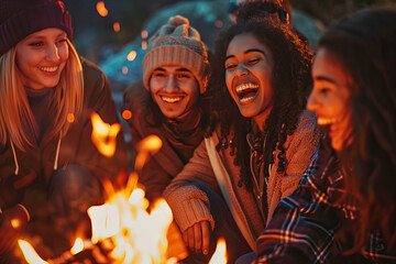 Fototapeta premium Friends laughing around a bonfire on an autumn night
