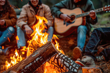 Friends laughing around a campfire on an autumn night playing guitar