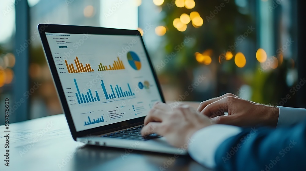 Poster Businessman using laptop computer analyzing sales data and financial report business growth graph chart digital marketing planning and strategy financial report business finance and in : Generative AI