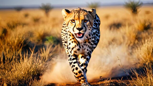 Wildlife action shot of a cheetah running across the African savanna at high speed