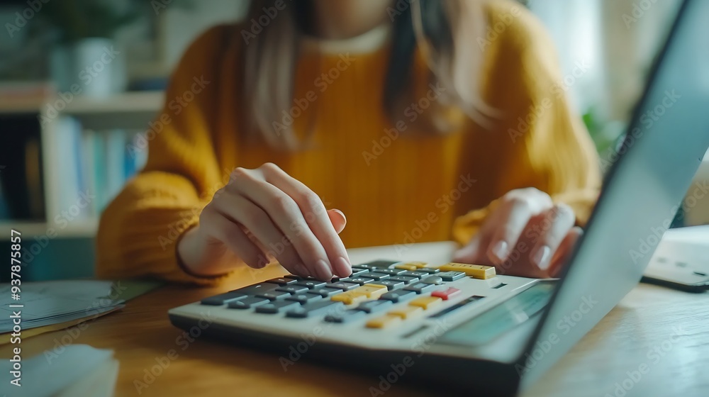 Poster doing finance budgeting and tax calculation close up woman hand using calculator to calculate home f