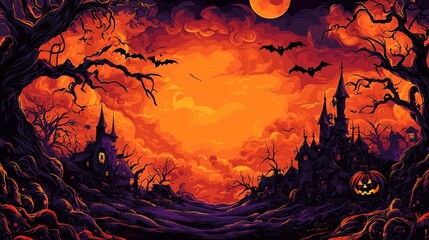 Spooky Halloween scene of a haunted village with dark castles and a glowing orange sky, filled with bats and twisted trees, perfect for a chilling atmosphere.