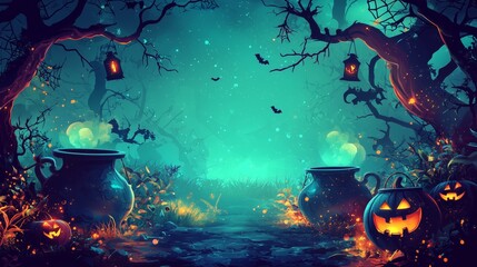 Obraz premium Chilling Halloween scene featuring glowing cauldrons, jack-o'-lanterns, and lanterns in a dark, misty forest, perfect for creating a spooky and mysterious atmosphere.
