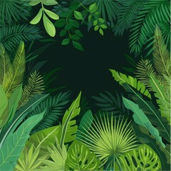 Wild dark jungle forest nature landscape with green jungle foliage and exotic plants