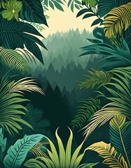 Wild dark jungle forest nature landscape with green jungle foliage and exotic plants