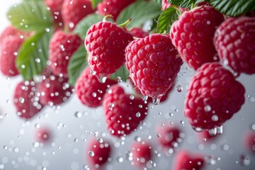 Raspberries and half slices suspended in the air with green leaves with water. Generative AI