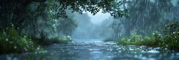 A serene landscape featuring a rain-soaked river surrounded by lush greenery and trees.