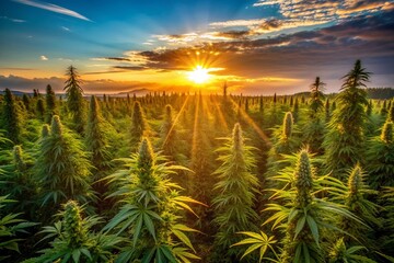 Fototapeta premium Warm golden light of a serene sunset illuminates a lush green field of towering cannabis plants, casting long shadows in the calm evening atmosphere.
