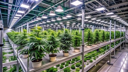 State-of-the-art indoor cannabis farm featuring rows of vertically stacked LED-lit grow towers surrounded by advanced climate control systems and sleek stainless steel equipment.