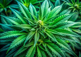 Fototapeta premium A vibrant green cluster of marijuana leaves with delicate trichomes and intricate veins, symbolizing the medicinal and recreational potential of cannabis cultivation.