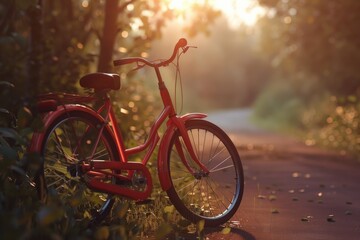 Fototapeta premium A single red bicycle is parked on the side of a road, awaiting its rider's return
