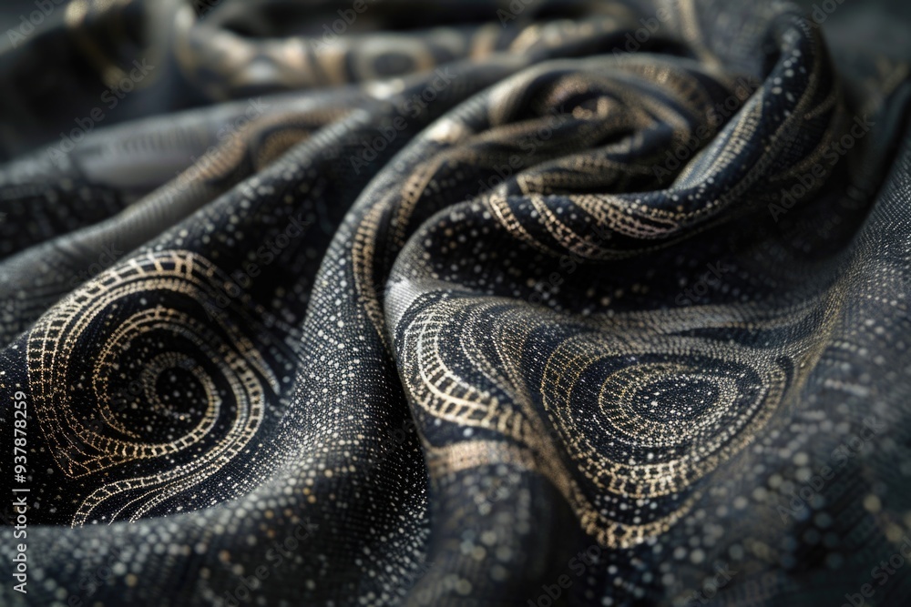 Poster a close-up shot of a textured, black and gold patterned fabric with intricate details