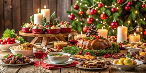 Naklejka premium Delicious spread of traditional Christmas dishes on a festive table , Christmas, feast, food, holidays, celebration, dinner