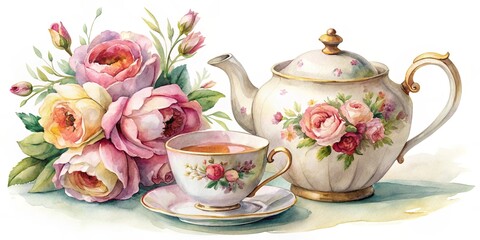 Vintage watercolor of a teacup and tea pot with flowers , vintage, watercolor,teacup, tea pot, flowers, vintage card