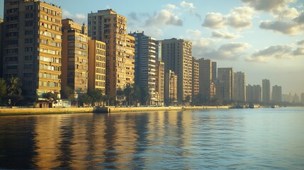 The Great Nile river and the banks of Cairo with fashionable buildings Egypt : Generative AI © The Little Hut