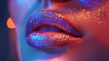 Close-Up of Glittery Lips in Neon Lighting