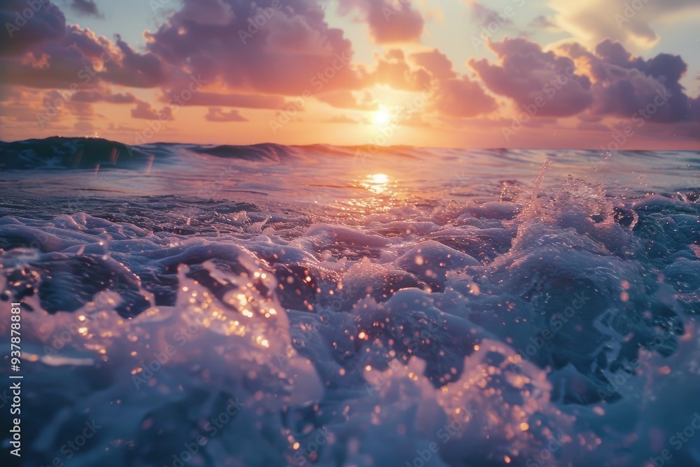 Poster a serene image of the sun setting over the ocean waves