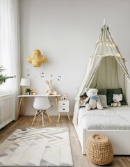 White cozy children room interior background, wall mockup, 3D render
